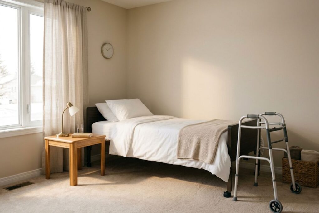 Hospital bed, walker and bedside table set up in a living room for hospice care at home