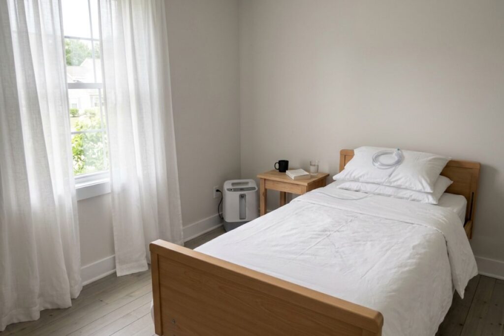 Home hospital bed and oxygen concentrator in a bedroom, equipment the Medicare hospice benefit covers in full