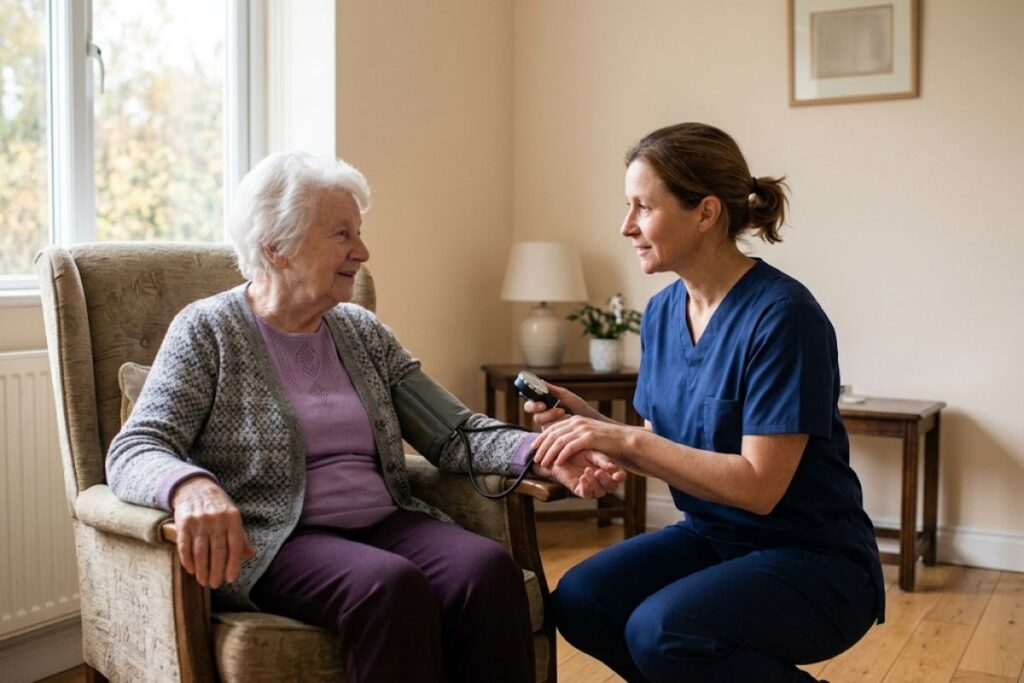 Nurse checking an older woman's blood pressure at home during a palliative care visit