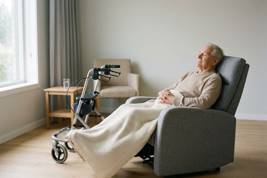 Elderly man resting in a recliner with a walker beside him, one of the signs it may be time for hospice care
